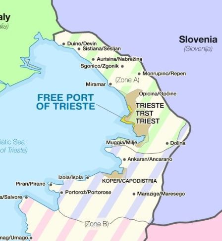 Map of the Free Territory of Trieste 1947-1954, with zone delimitation
