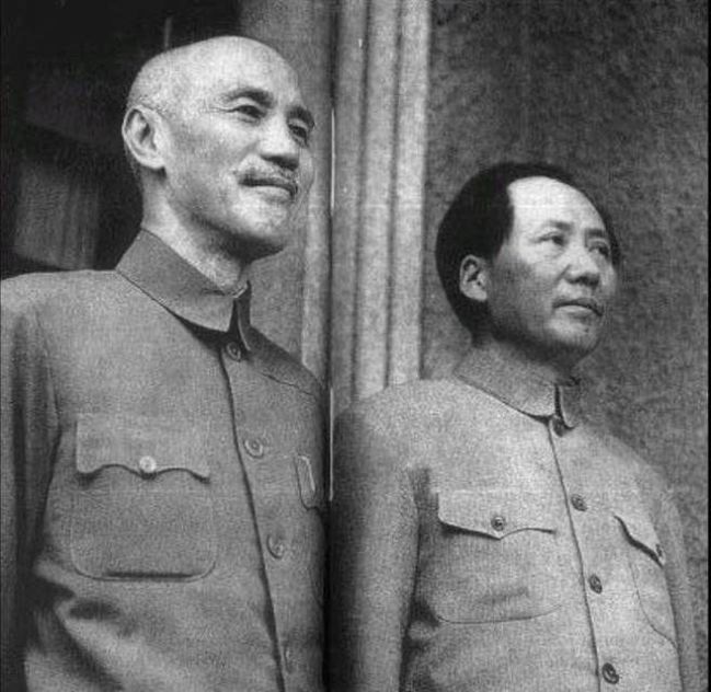 The leader of the Kuomintang, Chai Kai-shek, and the leader of the CPC, Mao Zedong. 1945. One year later they fought against each other.