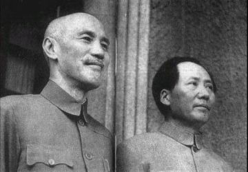 The leader of the Kuomintang, Chai Kai-shek, and the leader of the CPC, Mao Zedong. 1945. One year later they fought against each other.