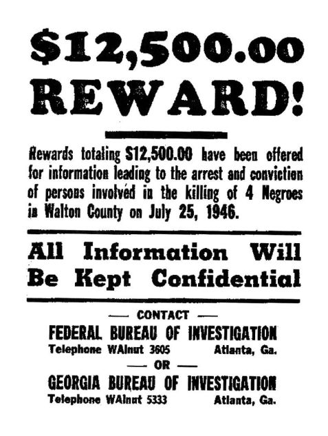 Une affiche du FBI demandant au public des informations sur le lynchage en Géorgie, sur le pont Ford de Moore