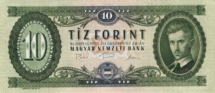 A banknote of 10 Hungarian forints 