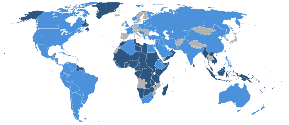 The UN in 1945. In light blue, the founding members. In dark blue, protectorates and colonies of the founding members.