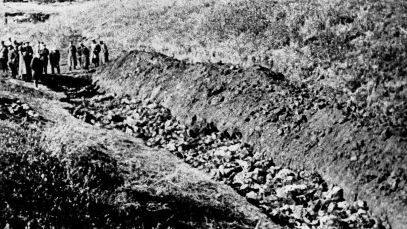 This is a 1944 file photo of a part of the Babi Yar ravine at the outskirts of Kiev, Ukraine where the advancing Red Army unearthed the bodies of 14,000 civilians killed by fleeing Nazis