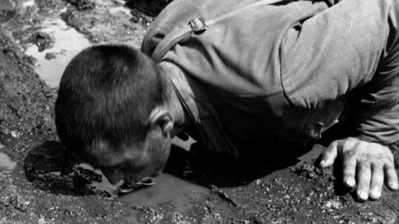 Un soldat soviétique prisonnier de guerre buvant de l’eau dans une flaque, 1941.